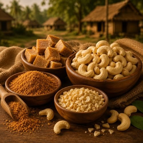 Jaggery, cashews, and natural sweeteners displayed in rustic bowls