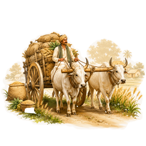 Farmer transporting grains using a traditional bullock cart