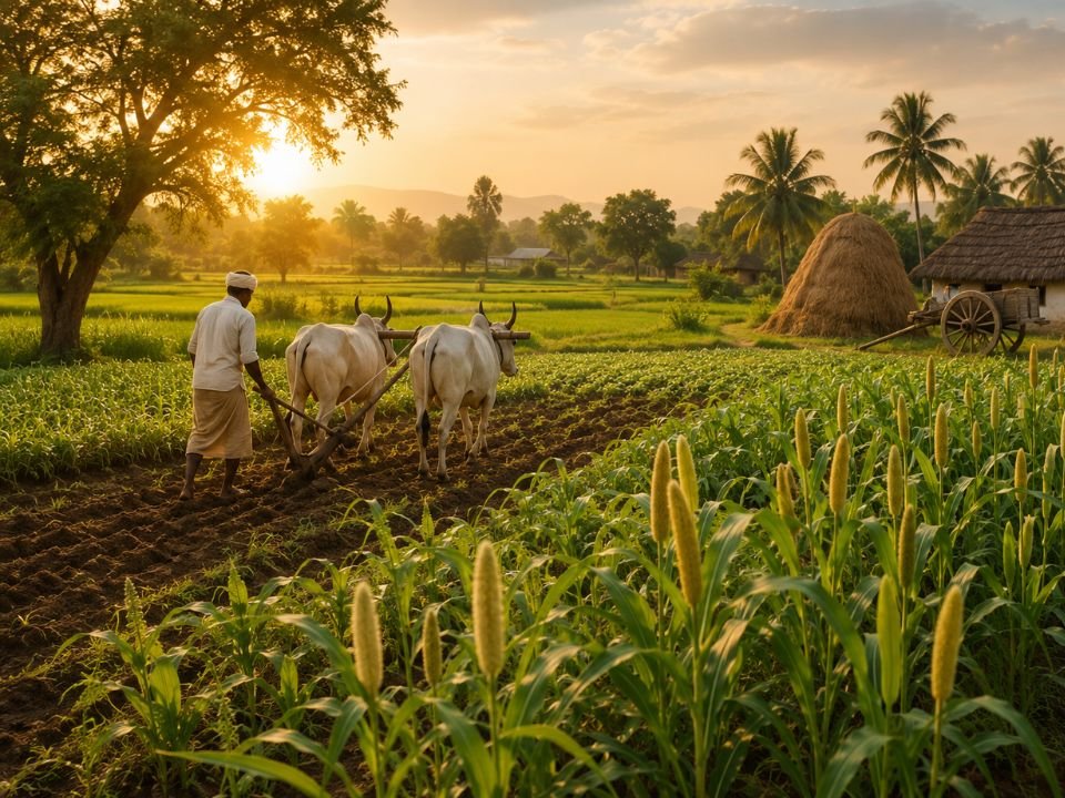 Farmers working among crops in an Indian agricultural field