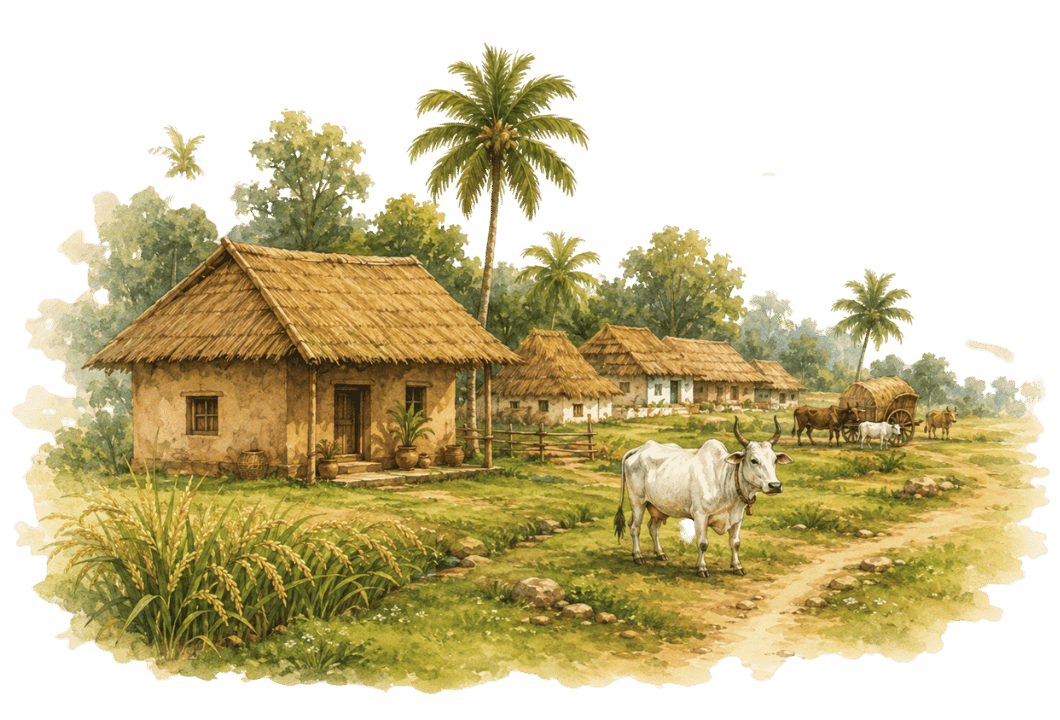 Traditional Indian village surrounded by agricultural fields